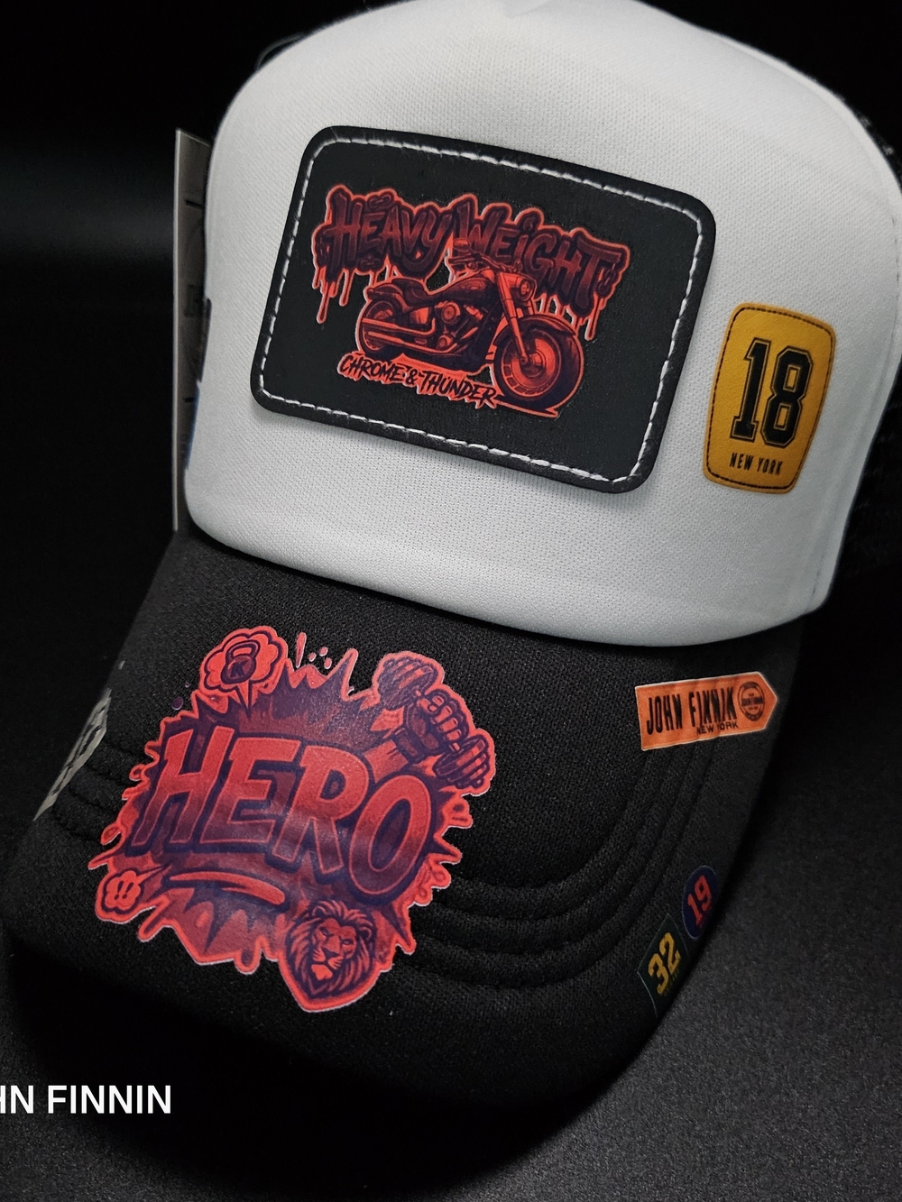 Graphic 'Hero' Patch Trucker Cap - White & Black with Red Accents